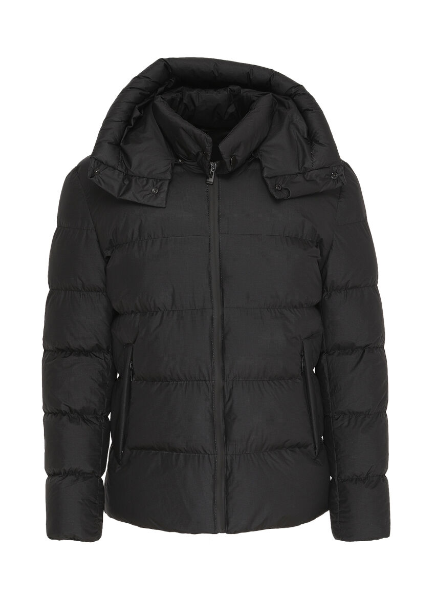 Siyah Regular Fit Kapüşonlu Casual Dokuma Mont - 6