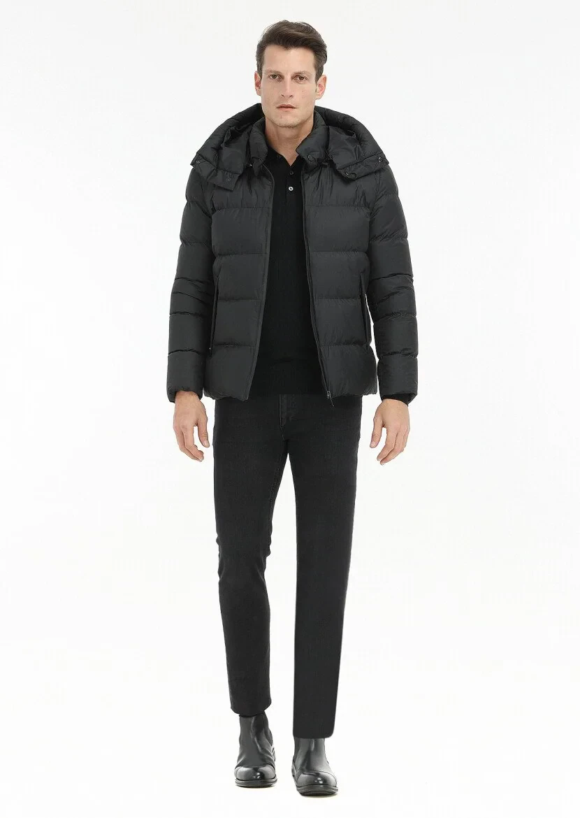 Siyah Regular Fit Kapüşonlu Casual Dokuma Mont - 1
