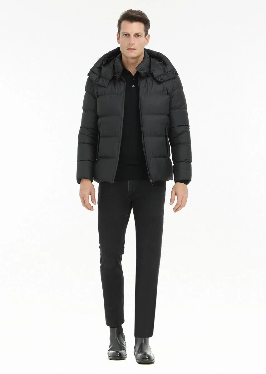 Siyah Regular Fit Kapüşonlu Casual Dokuma Mont - 1