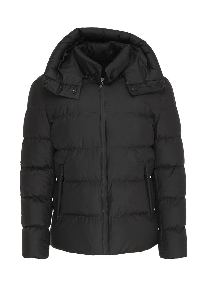 Siyah Regular Fit Kapüşonlu Casual Dokuma Mont - 6