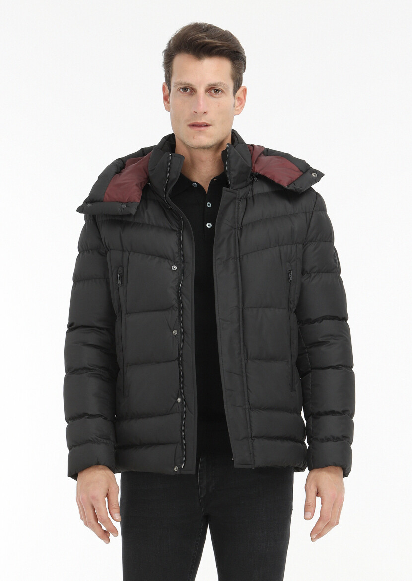 Siyah Regular Fit Kapüşonlu Casual Dokuma Mont 