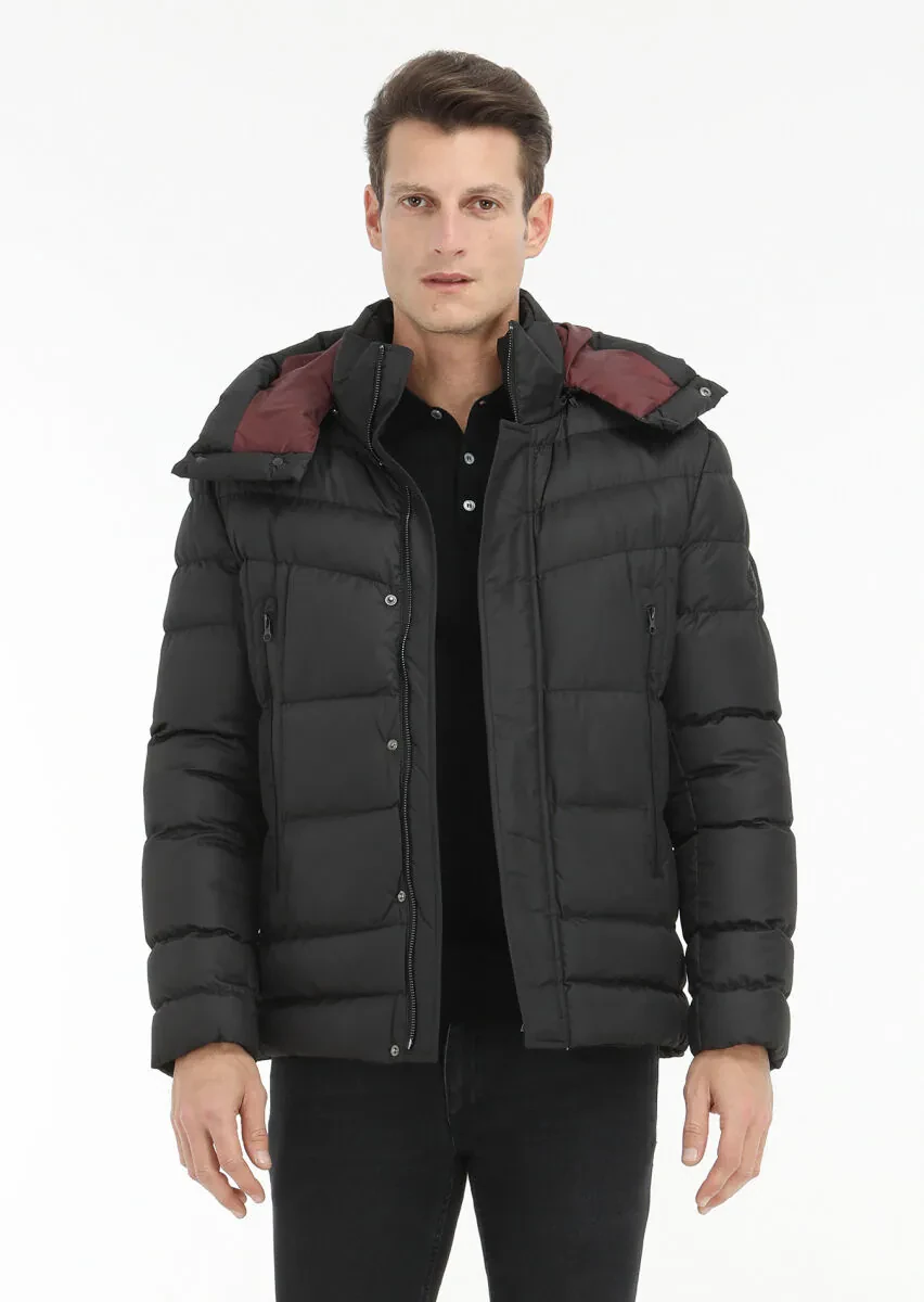 Siyah Regular Fit Kapüşonlu Casual Dokuma Mont - 2