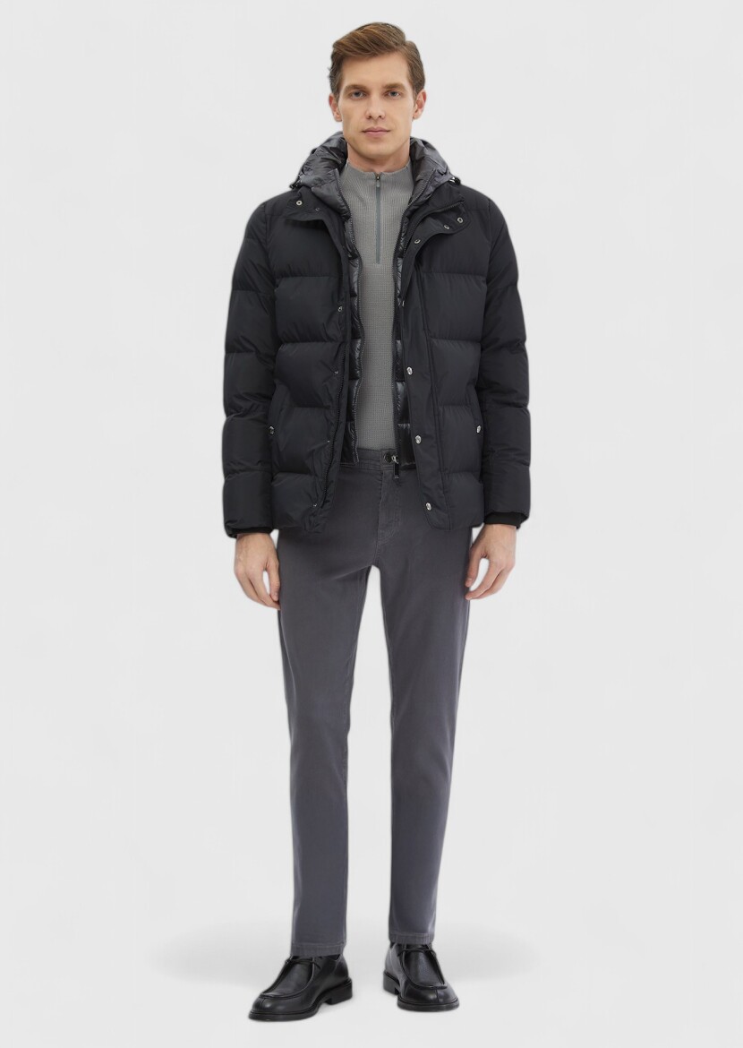 Siyah Regular Fit Kapüşonlu Casual Dokuma Mont 