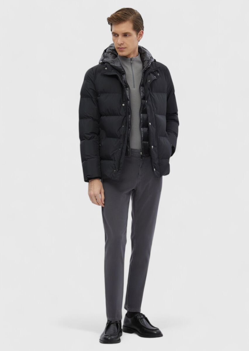 Siyah Regular Fit Kapüşonlu Casual Dokuma Mont - 4