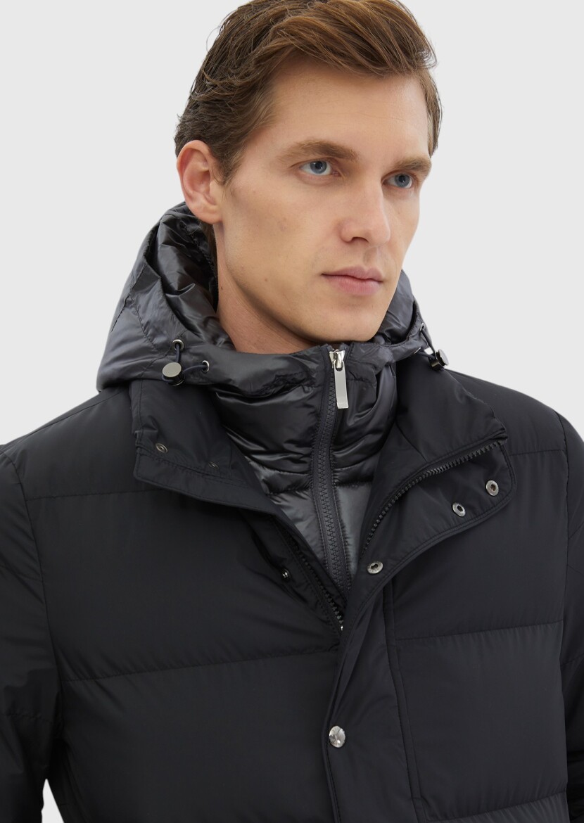 Siyah Regular Fit Kapüşonlu Casual Dokuma Mont - 6