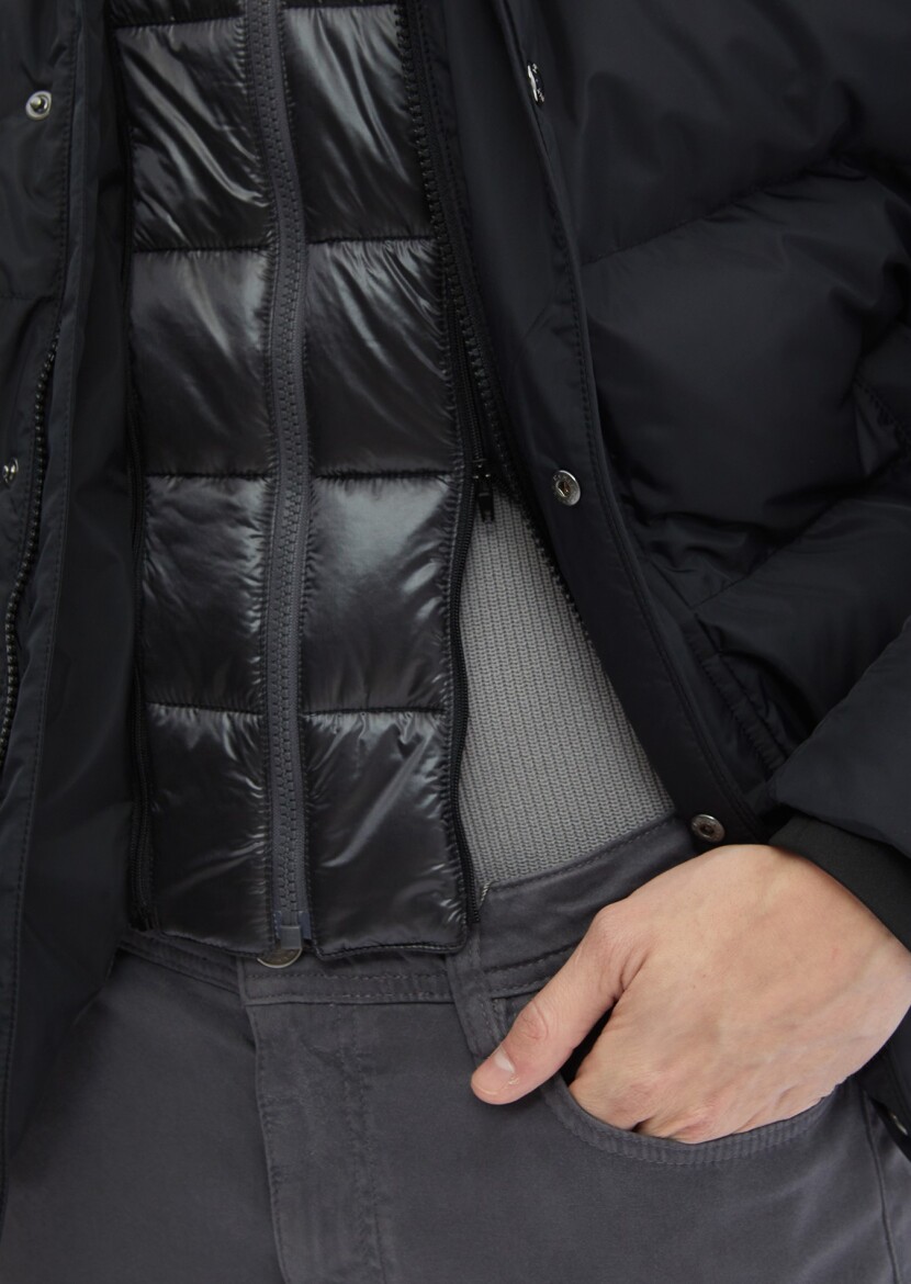 Siyah Regular Fit Kapüşonlu Casual Dokuma Mont - 8