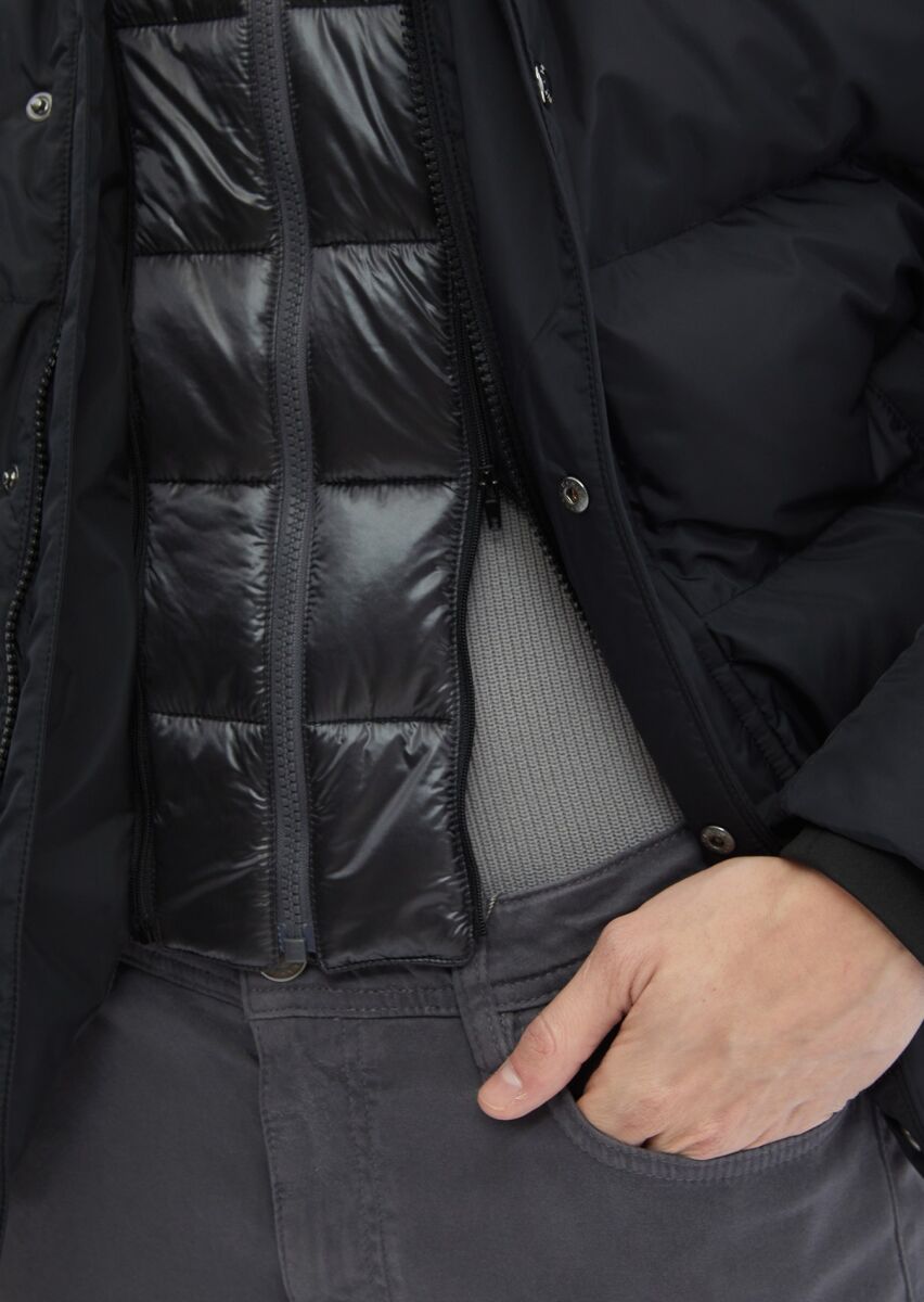 Siyah Regular Fit Kapüşonlu Casual Dokuma Mont - 8