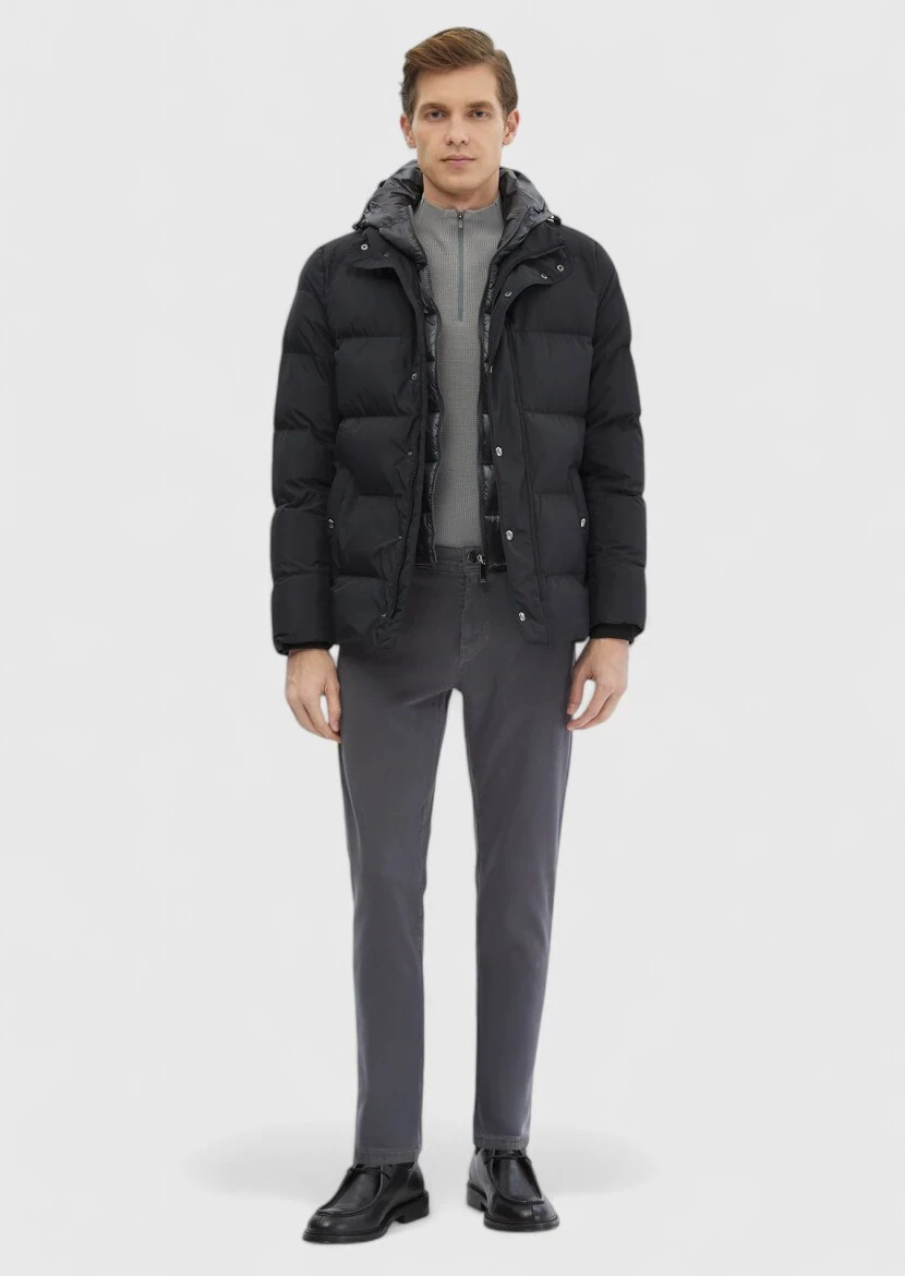 Siyah Regular Fit Kapüşonlu Casual Dokuma Mont 
