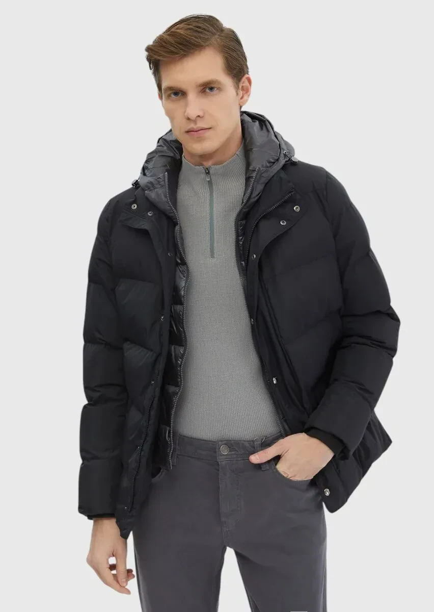 Siyah Regular Fit Kapüşonlu Casual Dokuma Mont - 3