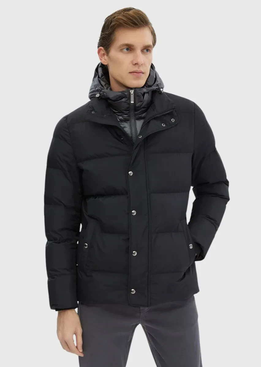 Siyah Regular Fit Kapüşonlu Casual Dokuma Mont - 5