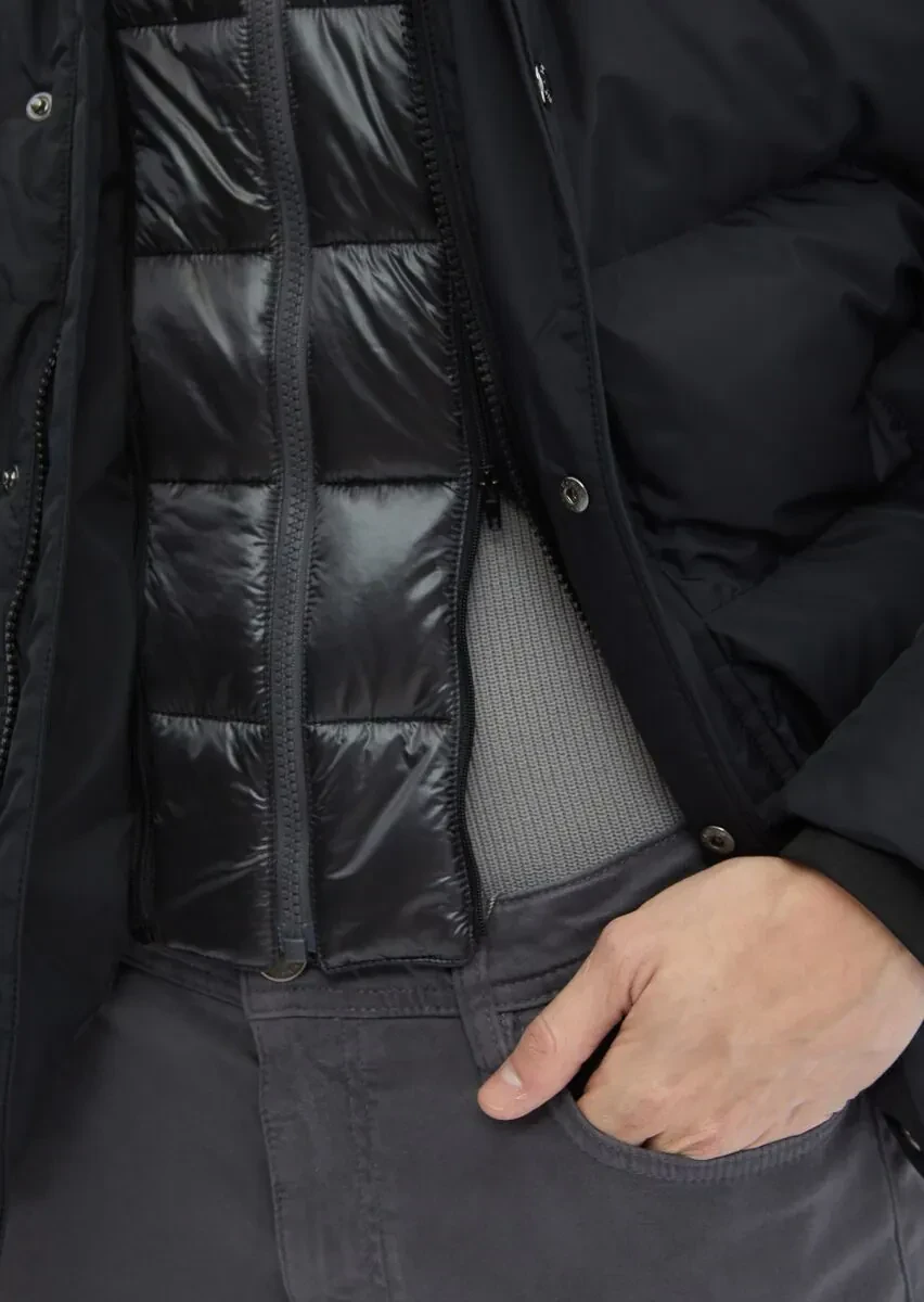 Siyah Regular Fit Kapüşonlu Casual Dokuma Mont - 8