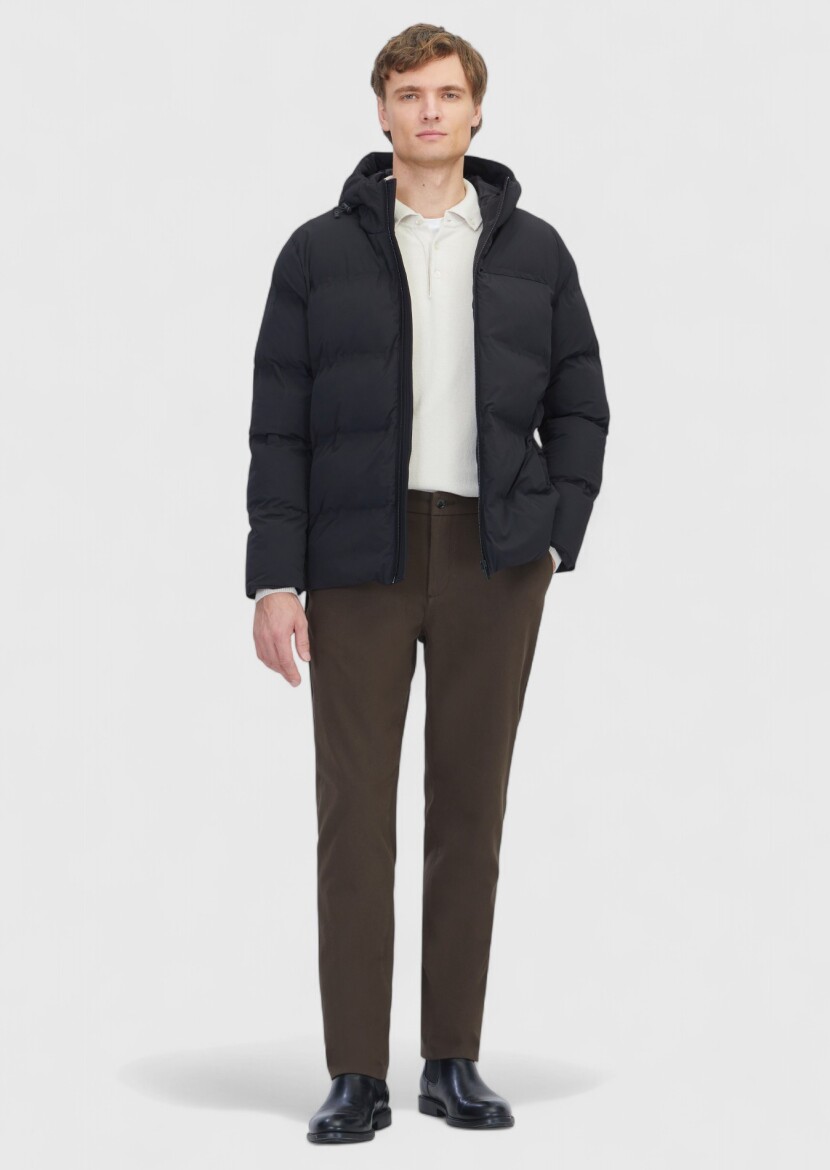 Siyah Regular Fit Kapüşonlu Casual Dokuma Mont - 2