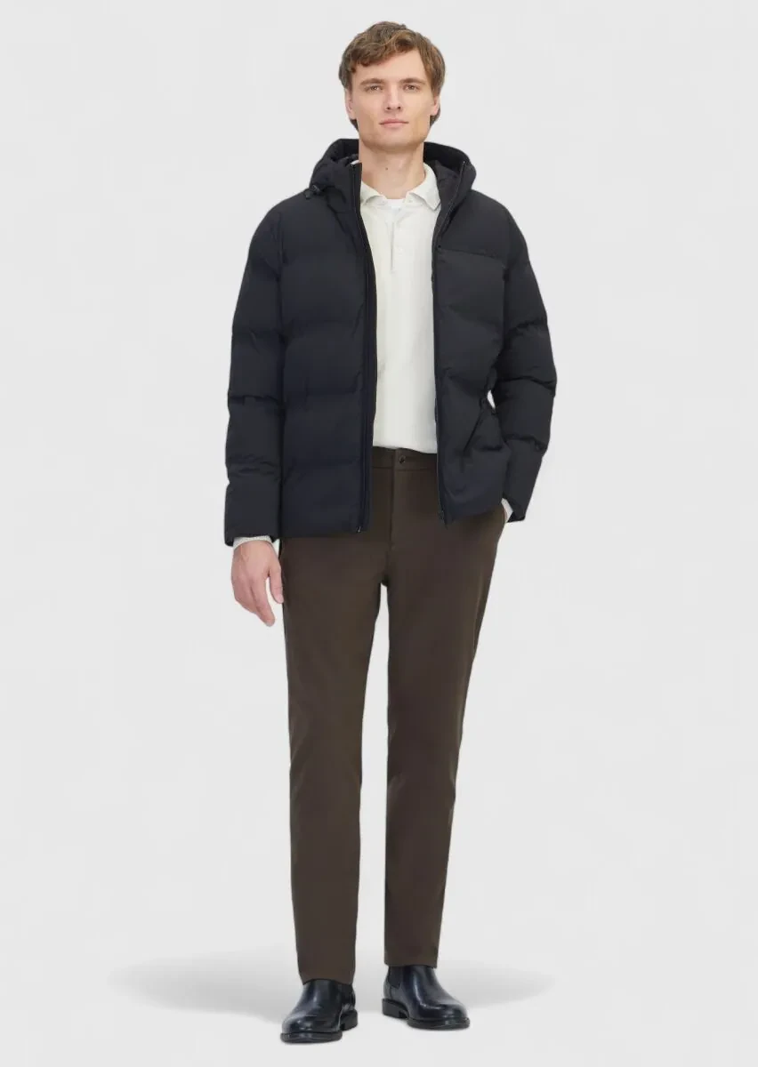 Siyah Regular Fit Kapüşonlu Casual Dokuma Mont - 2