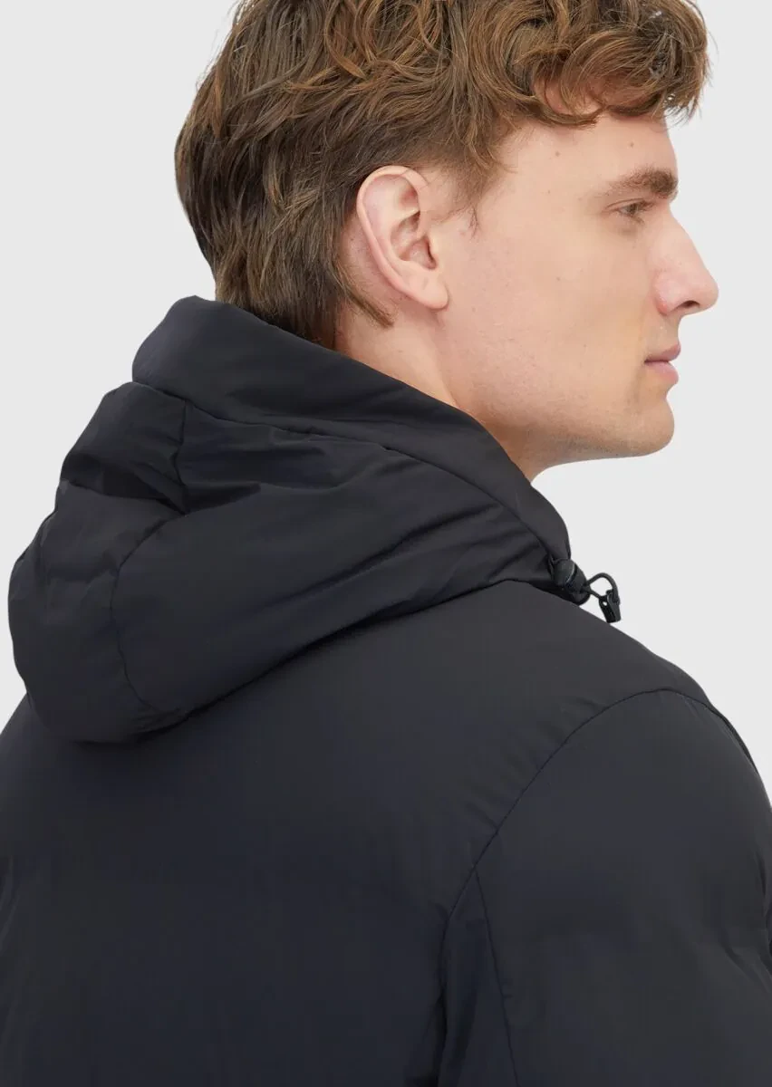 Siyah Regular Fit Kapüşonlu Casual Dokuma Mont - 5