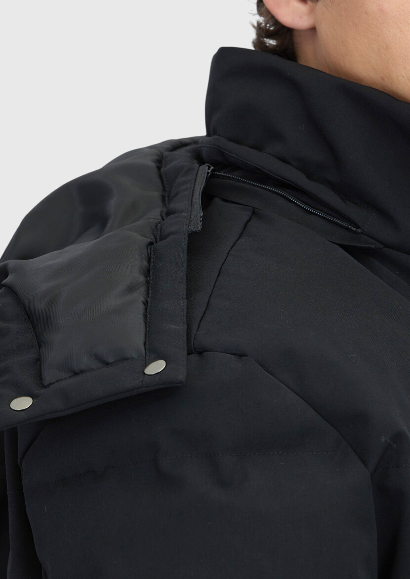 Siyah Regular Fit Kapüşonlu Casual Dokuma Mont - 5