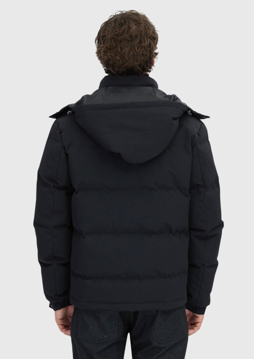 Siyah Regular Fit Kapüşonlu Casual Dokuma Mont - 6