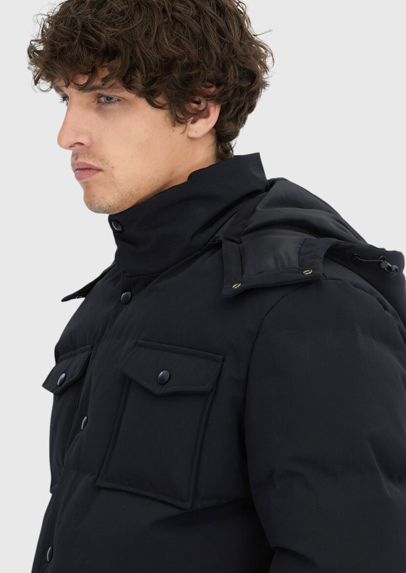 Siyah Regular Fit Kapüşonlu Casual Dokuma Mont - 4