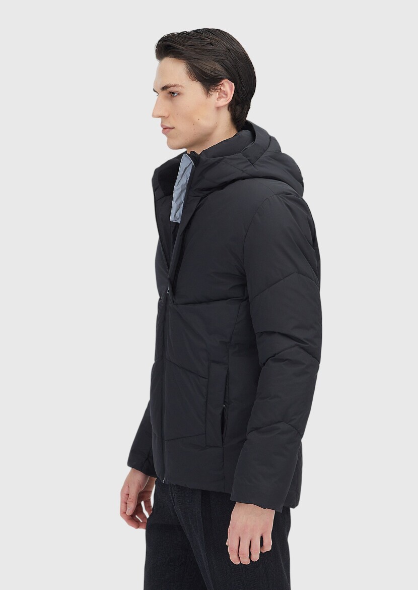 Siyah Regular Fit Kapüşonlu Casual Dokuma Mont - 3