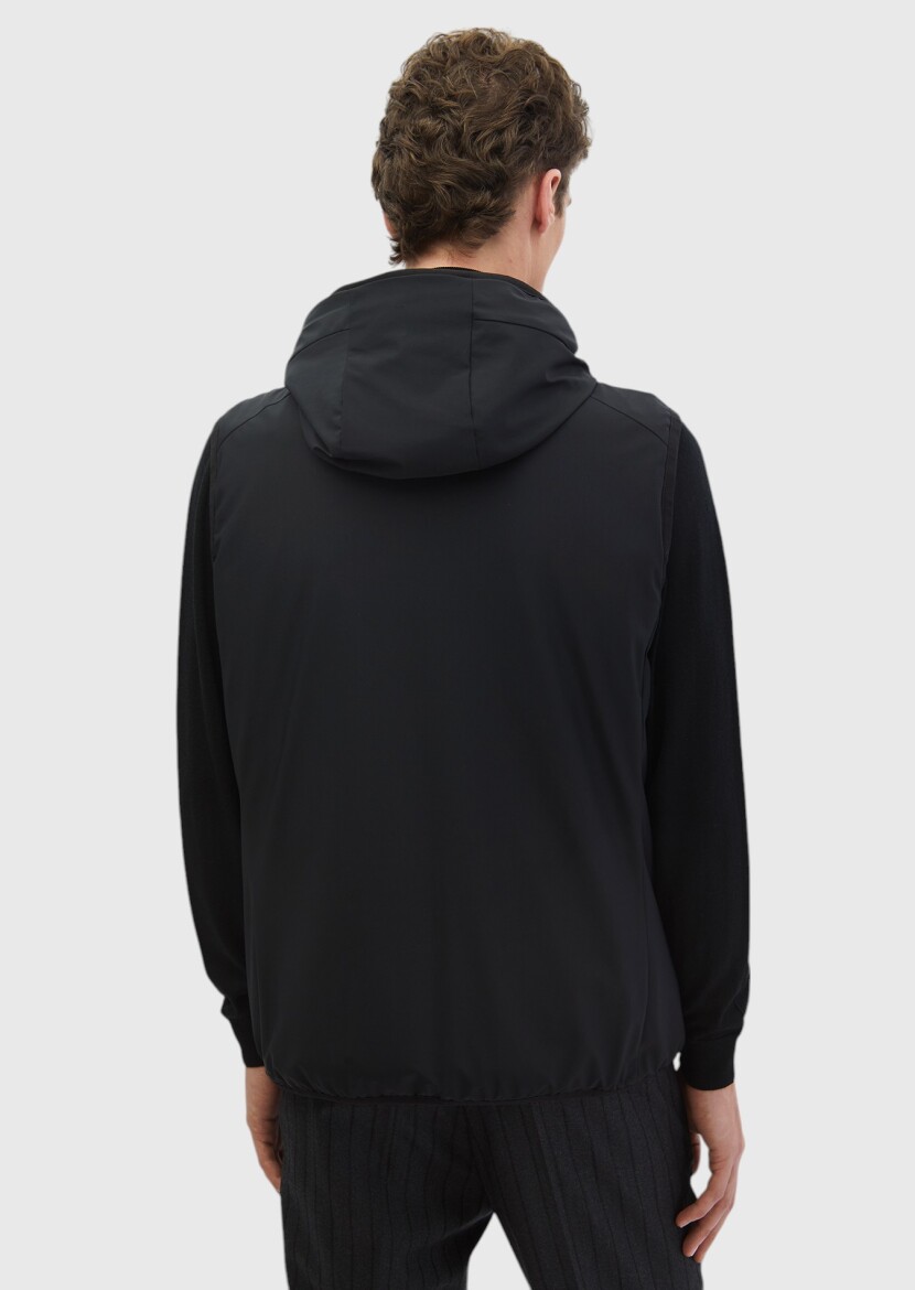 Siyah Regular Fit Kapüşonlu Casual Dokuma Spor Yelek - 6