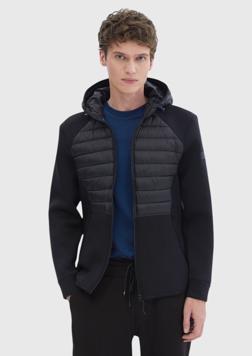 Siyah Regular Fit Kapüşonlu Denim Dokuma Mont - 3