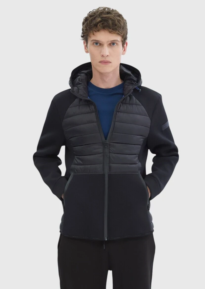 Siyah Regular Fit Kapüşonlu Denim Dokuma Mont - 1