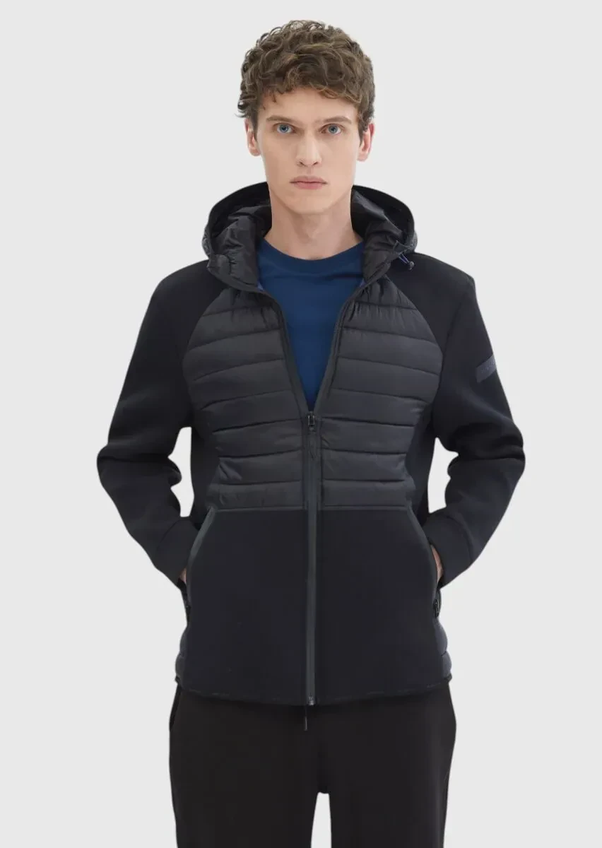 Siyah Regular Fit Kapüşonlu Denim Dokuma Mont - 1