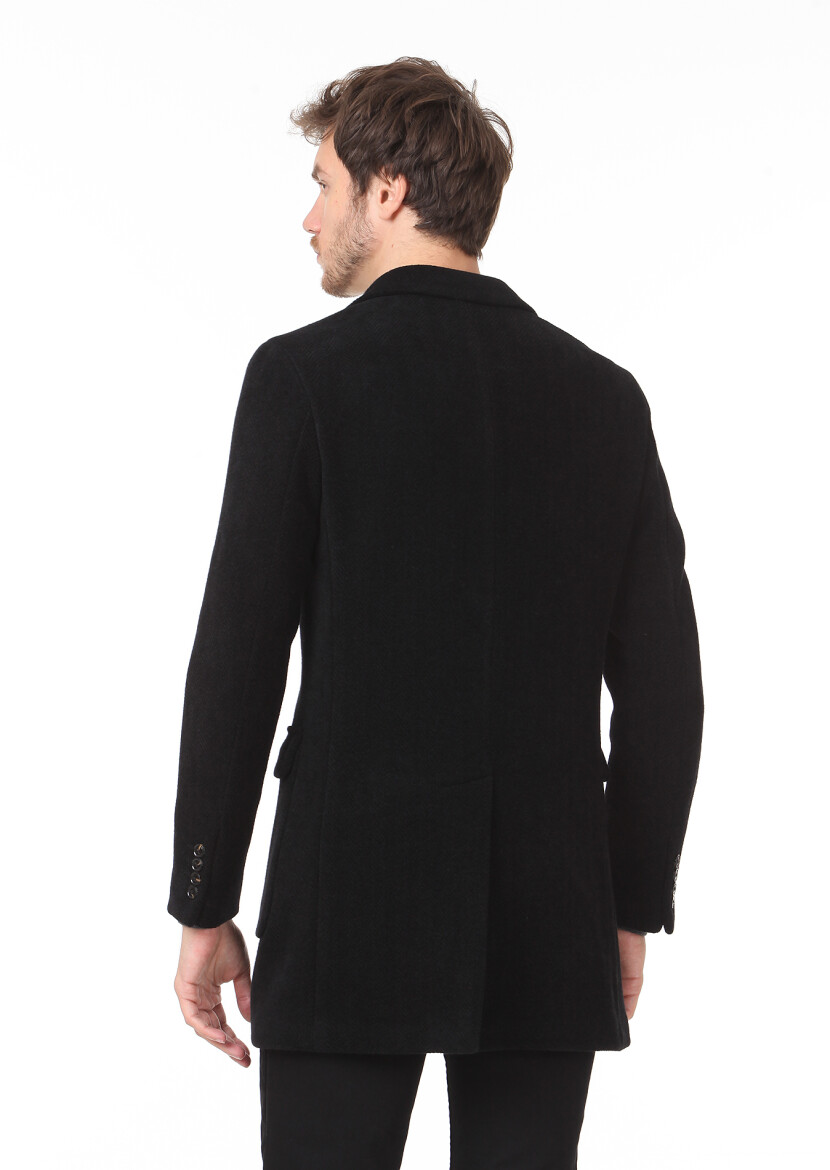 Siyah Regular Fit Kelebek Yaka Casual Dokuma Palto - 5