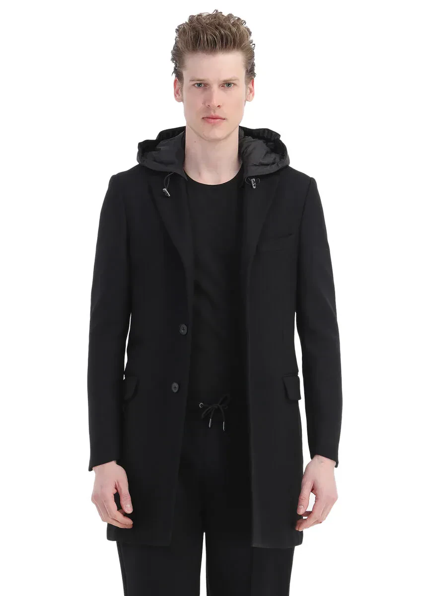 Siyah Regular Fit Kelebek Yaka Casual Dokuma Palto - 1