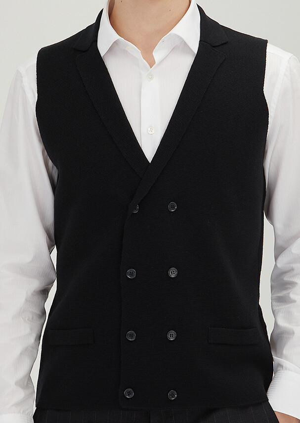 Siyah Regular Fit Kelebek Yaka Casual Örme Triko Yelek - 3