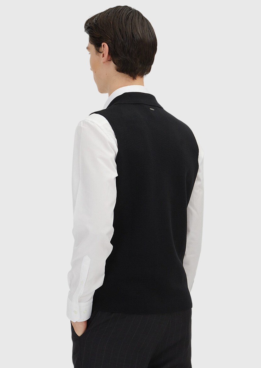 Siyah Regular Fit Kelebek Yaka Casual Örme Triko Yelek - 4