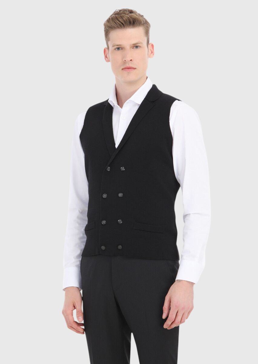 Siyah Regular Fit Kelebek Yaka Casual Örme Triko Yelek - 1