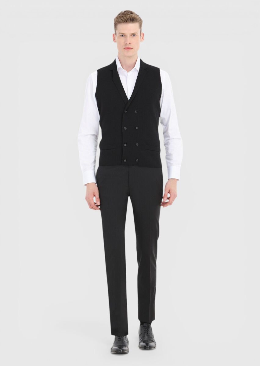 Siyah Regular Fit Kelebek Yaka Casual Örme Triko Yelek - 2