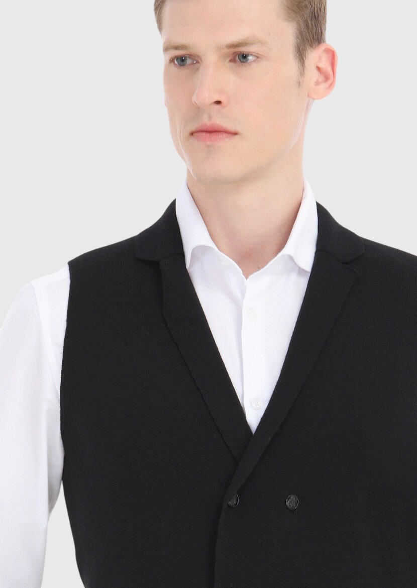 Siyah Regular Fit Kelebek Yaka Casual Örme Triko Yelek - 3