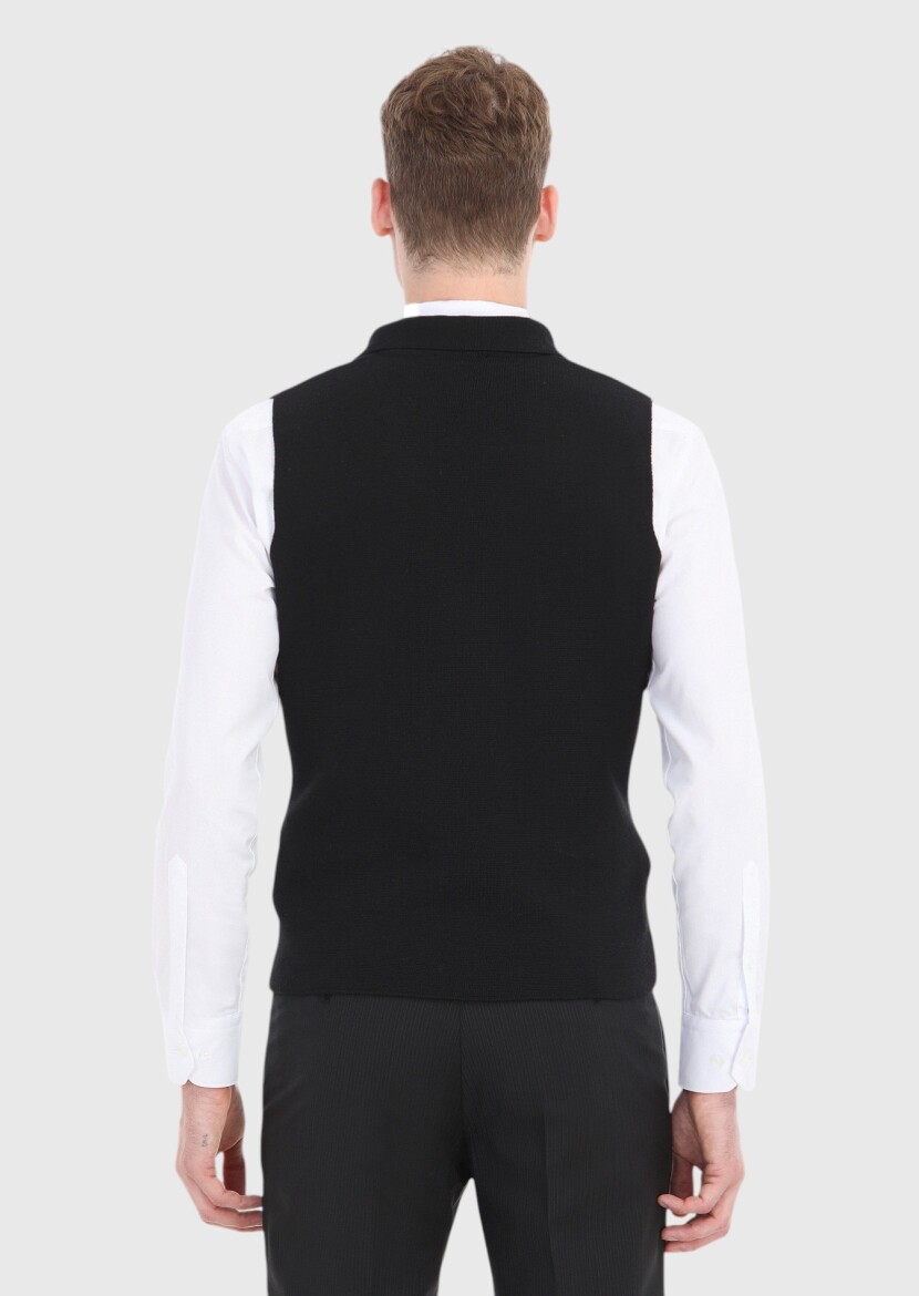 Siyah Regular Fit Kelebek Yaka Casual Örme Triko Yelek - 4