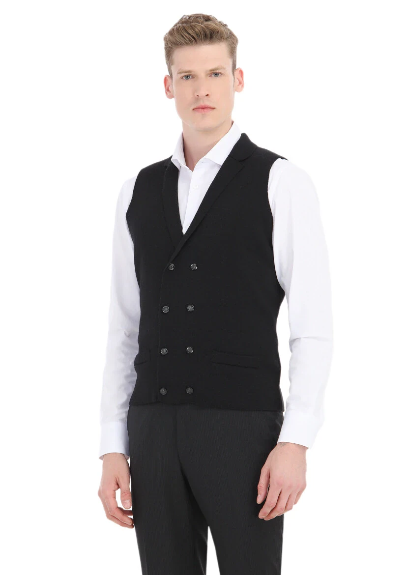 Siyah Regular Fit Kelebek Yaka Casual Örme Triko Yelek - 1