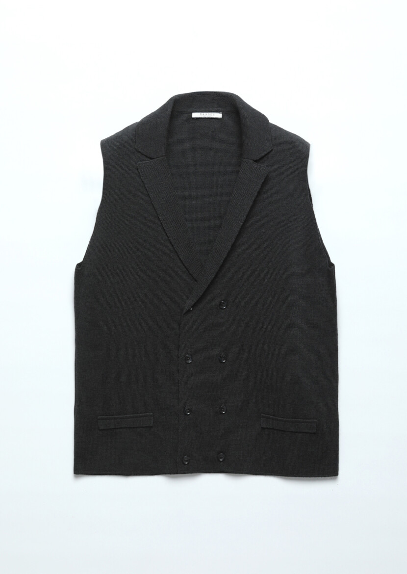 Siyah Regular Fit Kelebek Yaka Casual Örme Triko Yelek - 6
