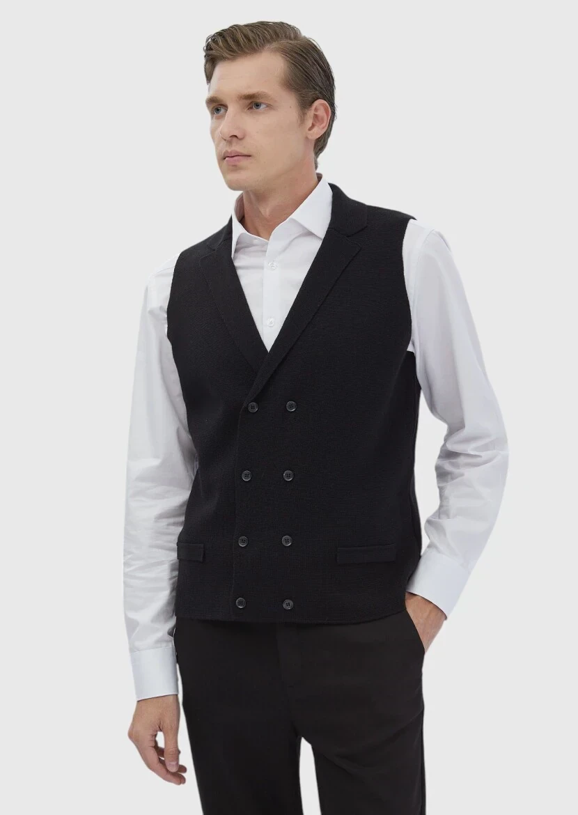 Siyah Regular Fit Kelebek Yaka Casual Örme Triko Yelek - 1
