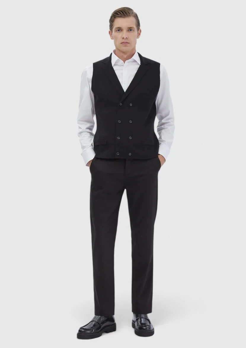 Siyah Regular Fit Kelebek Yaka Casual Örme Triko Yelek 