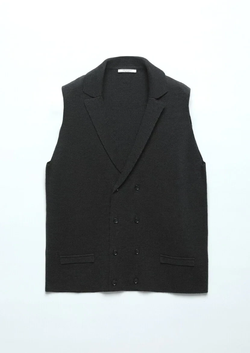 Siyah Regular Fit Kelebek Yaka Casual Örme Triko Yelek - 6