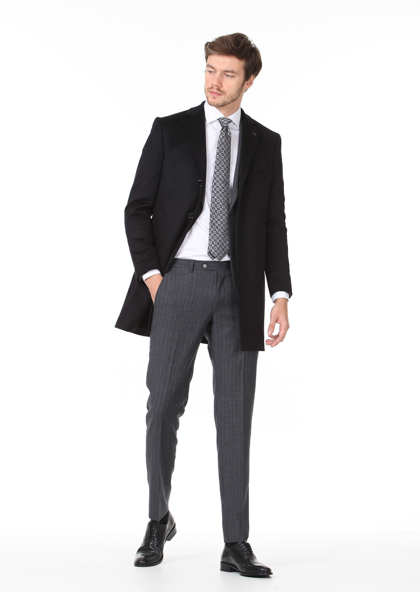 Siyah Regular Fit Kelebek Yaka Klasik Dokuma Palto - 3