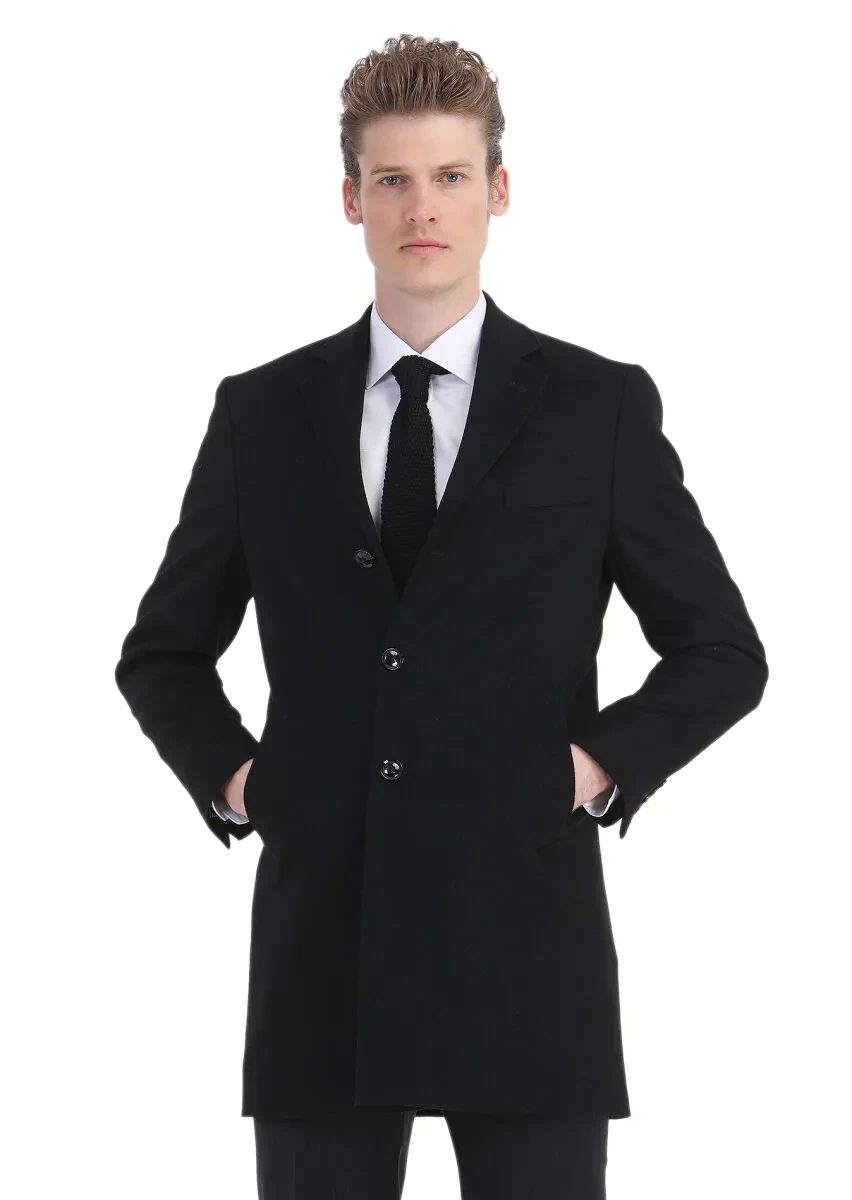 Siyah Regular Fit Kelebek Yaka Klasik Dokuma Palto - 2