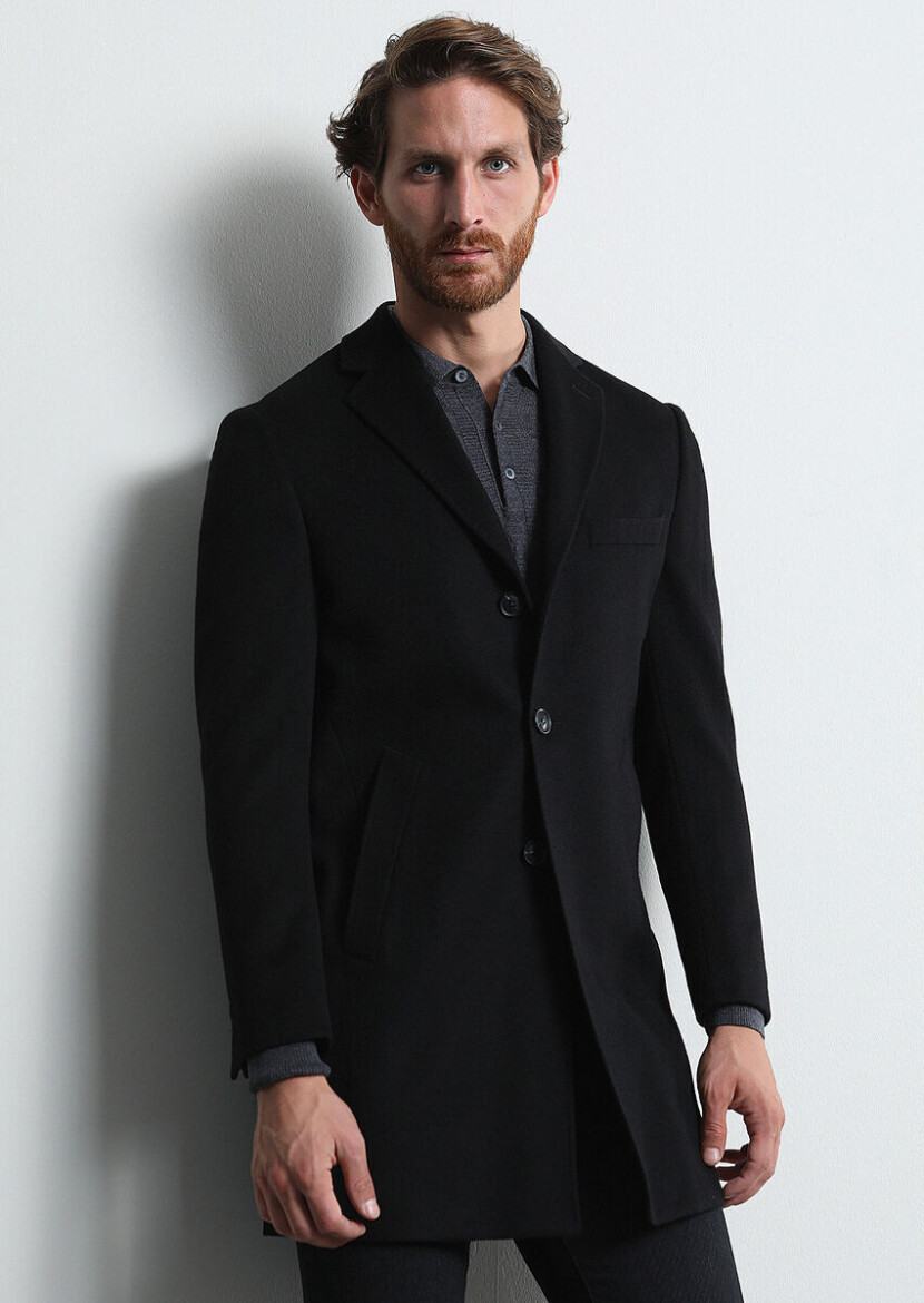 Siyah Regular Fit Kelebek Yaka Klasik Dokuma Palto - 1