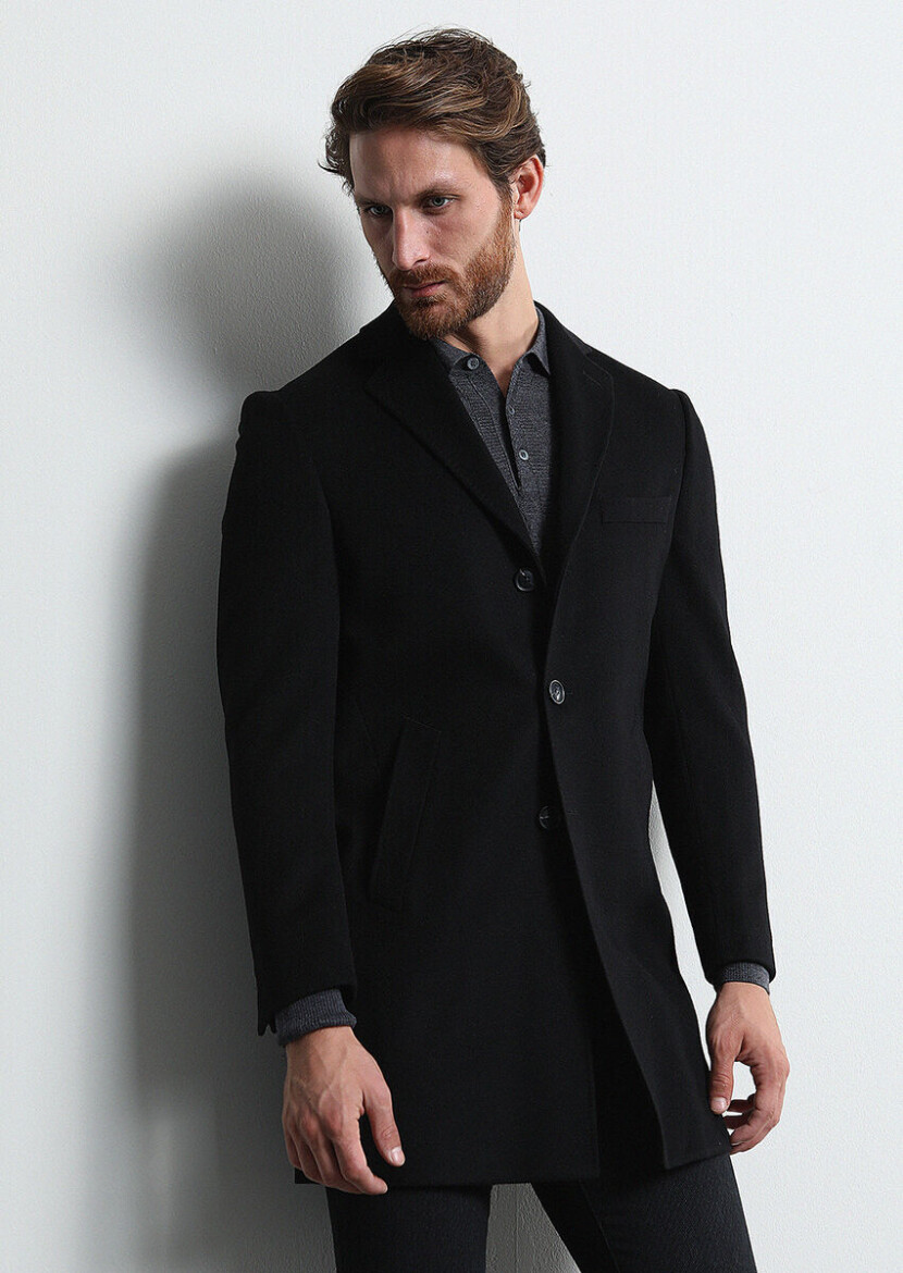 Siyah Regular Fit Kelebek Yaka Klasik Dokuma Palto - 4