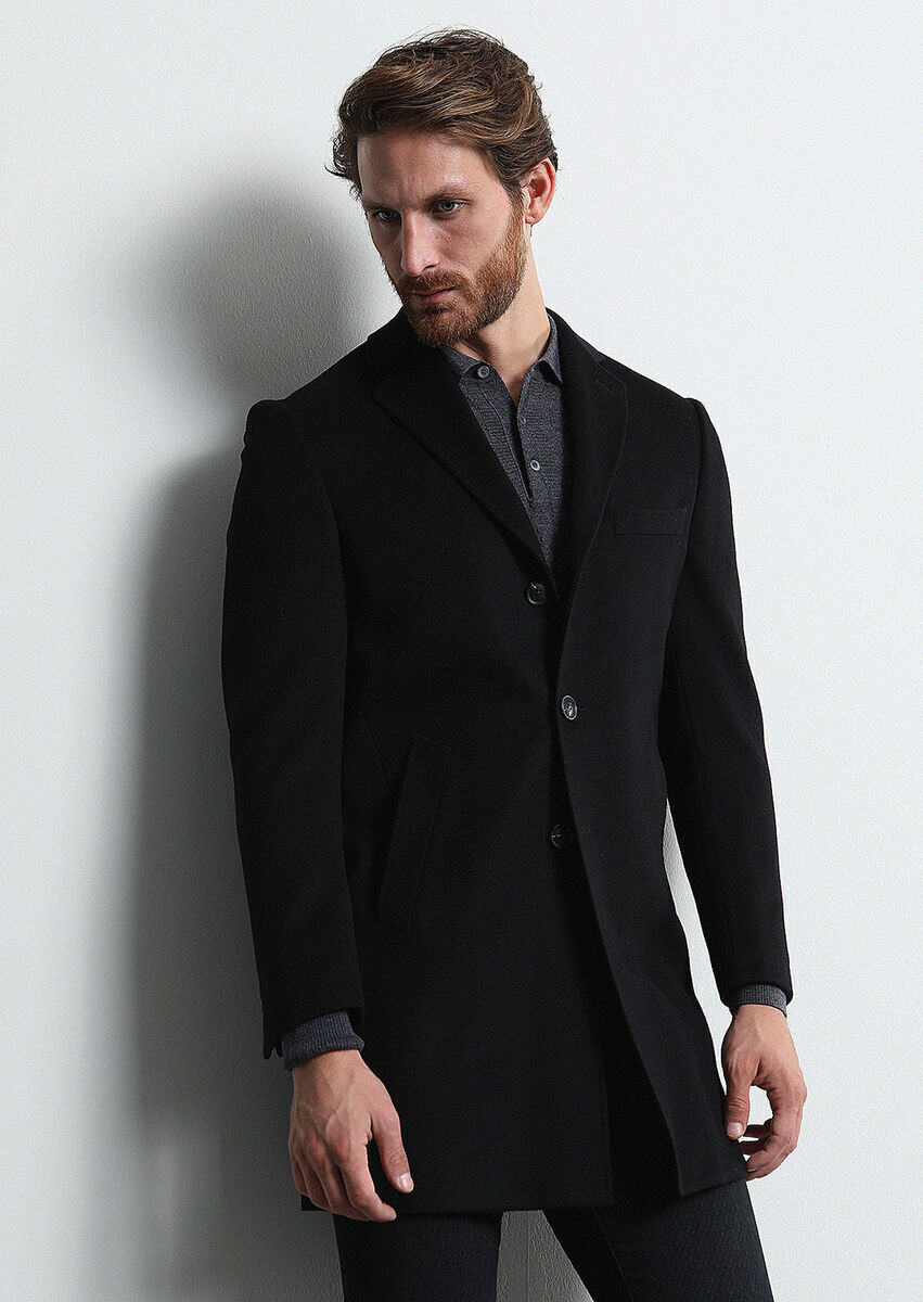 Siyah Regular Fit Kelebek Yaka Klasik Dokuma Palto - 4