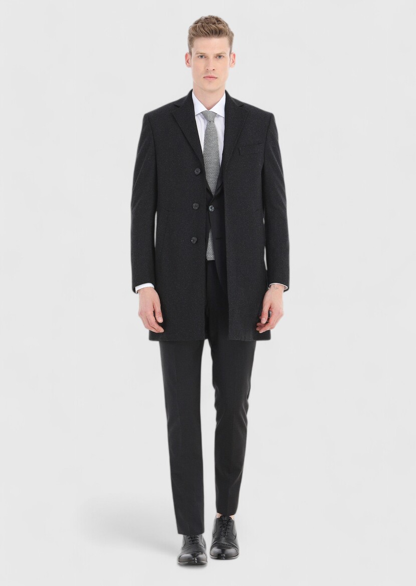 Siyah Regular Fit Kelebek Yaka Klasik Dokuma Palto - RAMSEY