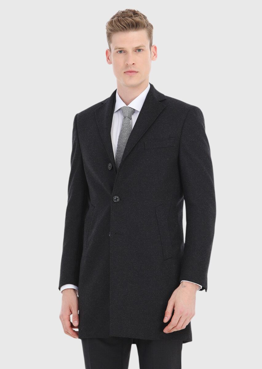 Siyah Regular Fit Kelebek Yaka Klasik Dokuma Palto - 2