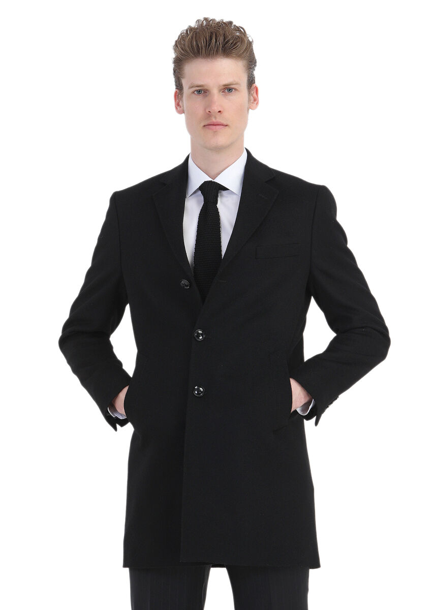 Siyah Regular Fit Kelebek Yaka Klasik Dokuma Palto - 3