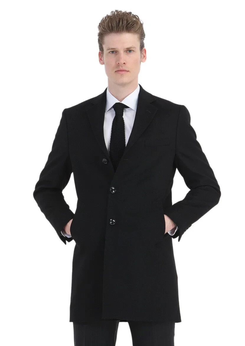 Siyah Regular Fit Kelebek Yaka Klasik Dokuma Palto - 3