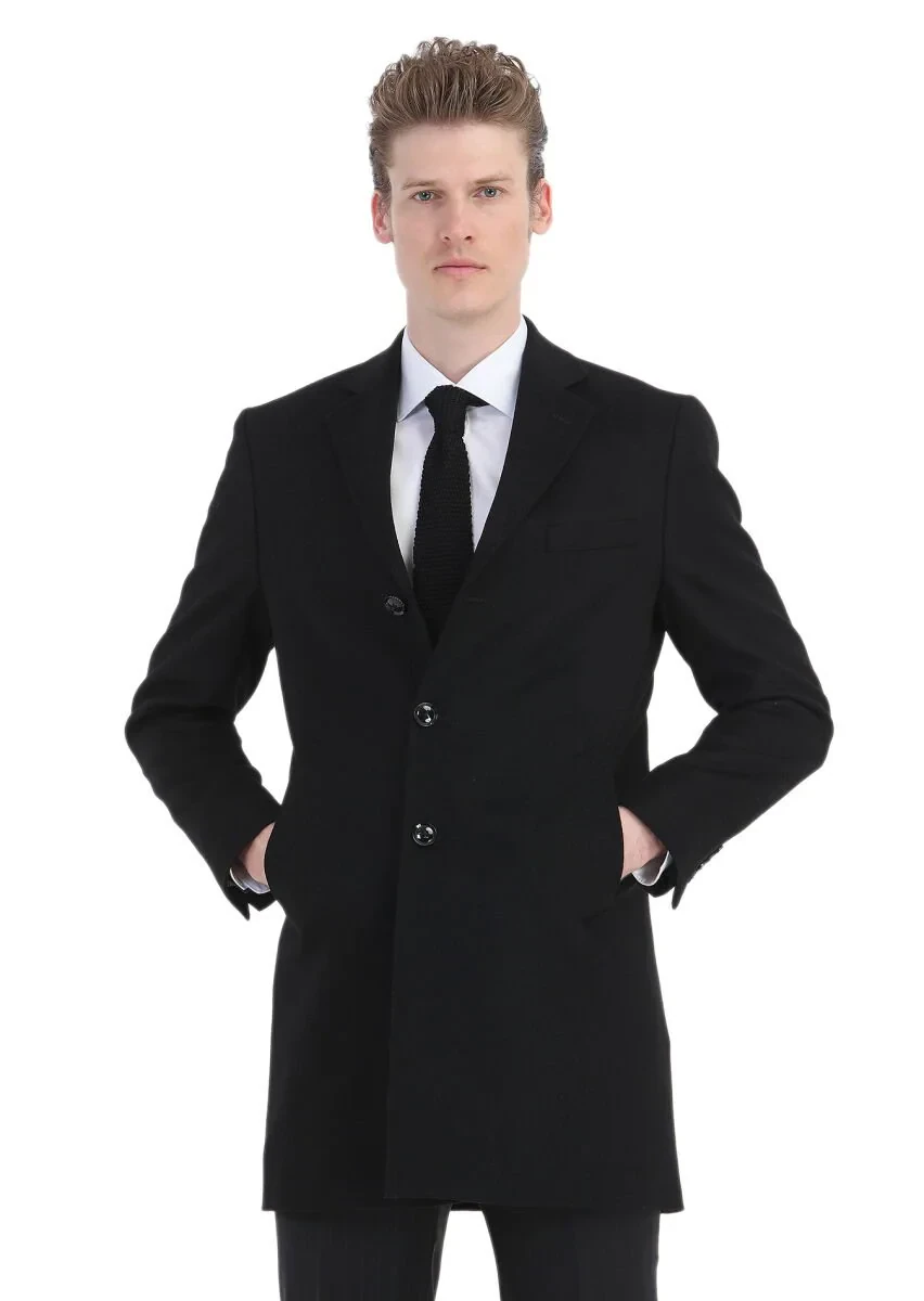 Siyah Regular Fit Kelebek Yaka Klasik Dokuma Palto - 3