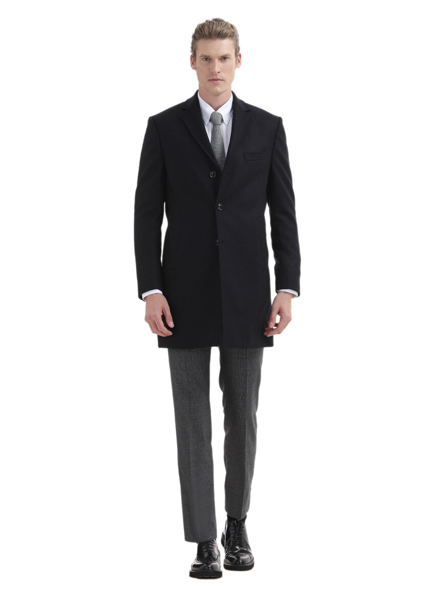 Siyah Regular Fit Kelebek Yaka Klasik Dokuma Palto - RAMSEY